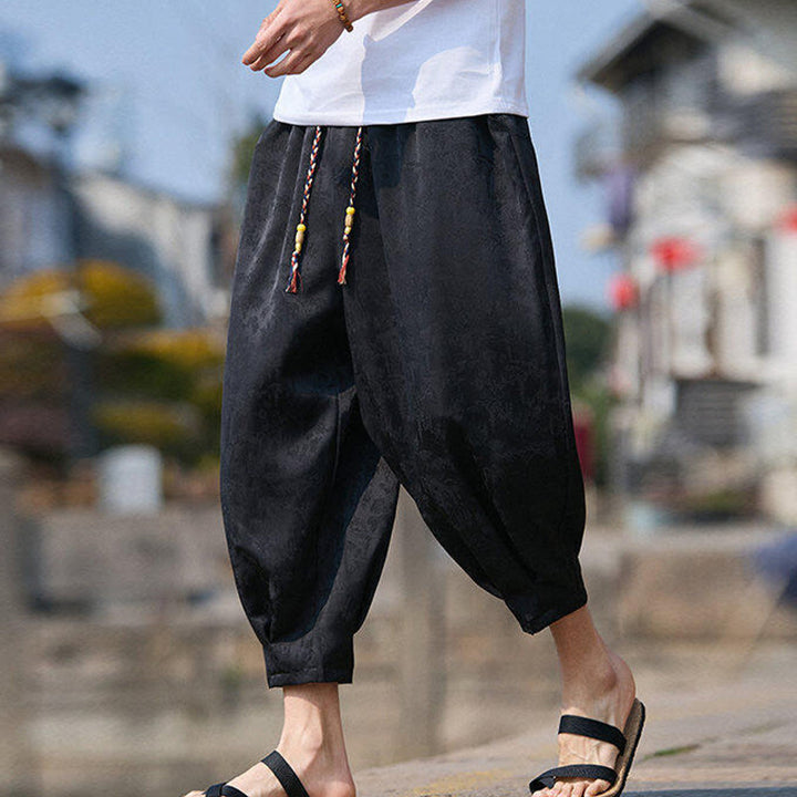 Buddha Stones Letni wzór haftu Spodnie ściągane sznurkiem męskie o długości 7-8 z kieszeniami - image 4