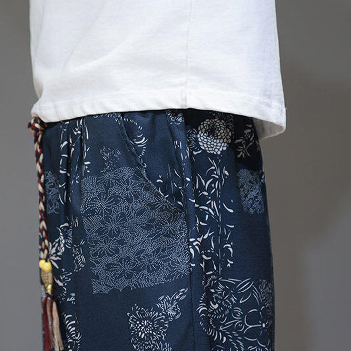 Buddha Stones Letnie Bambusowe Liście Kwiaty Bawełna Len Męskie Spodnie Capri Z Kieszeniami - image 10