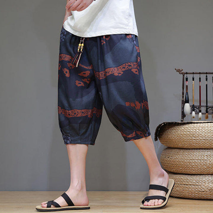 Buddha Stones Letnie Bambusowe Liście Kwiaty Bawełna Len Męskie Spodnie Capri Z Kieszeniami - DimGray - US/UK/AU46， EU56 (5XL) - image 13