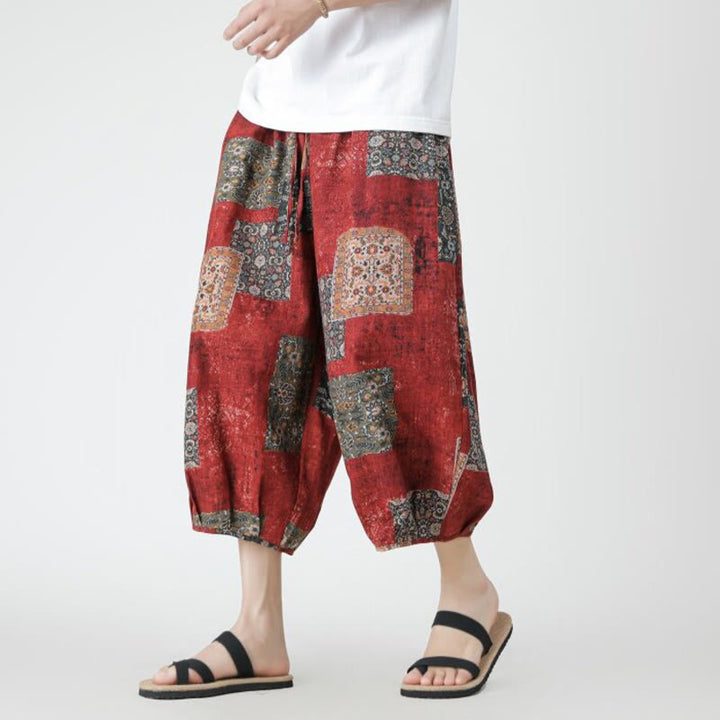 Buddha Stones Letni Kwadrat Patchwork Słoń Mandala Geometria Bawełna Len Męskie Spodnie Długość 7-8 Z Kieszeniami