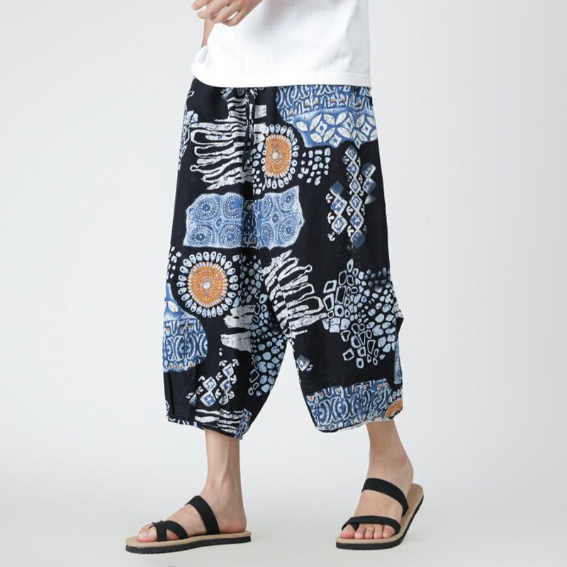 Buddha Stones Letni Kwadrat Patchwork Słoń Mandala Geometria Bawełna Len Męskie Spodnie Długość 7-8 Z Kieszeniami - Stalowoniebieski - US/UK/AU46， EU56 (5XL) - image 31