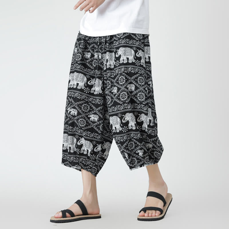 Buddha Stones Letni Kwadrat Patchwork Słoń Mandala Geometria Bawełna Len Męskie Spodnie Długość 7-8 Z Kieszeniami - Czarny - US/UK/AU46， EU56 (5XL) - image 41