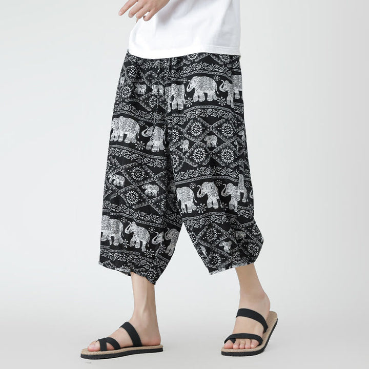 Buddha Stones Letni Kwadrat Patchwork Słoń Mandala Geometria Bawełna Len Męskie Spodnie Długość 7-8 Z Kieszeniami - Czarny - US/UK/AU46， EU56 (5XL) - image 41