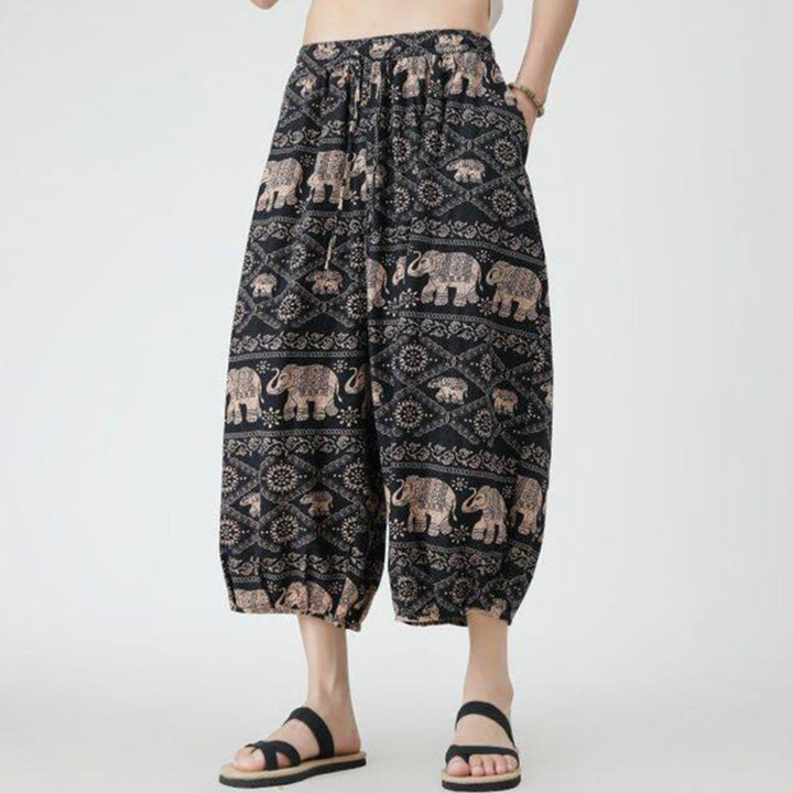 Buddha Stones Letni Kwadrat Patchwork Słoń Mandala Geometria Bawełna Len Męskie Spodnie Długość 7-8 Z Kieszeniami - image 30