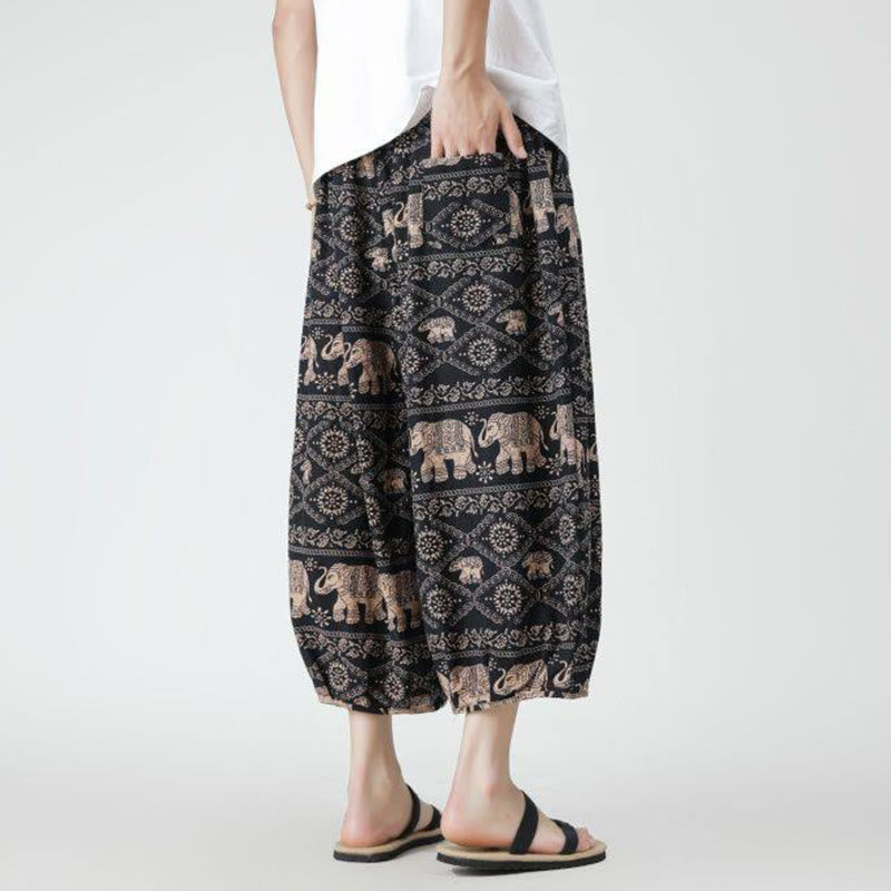 Buddha Stones Letni Kwadrat Patchwork Słoń Mandala Geometria Bawełna Len Męskie Spodnie Długość 7-8 Z Kieszeniami - image 24