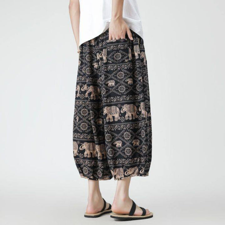 Buddha Stones Letni Kwadrat Patchwork Słoń Mandala Geometria Bawełna Len Męskie Spodnie Długość 7-8 Z Kieszeniami - image 24