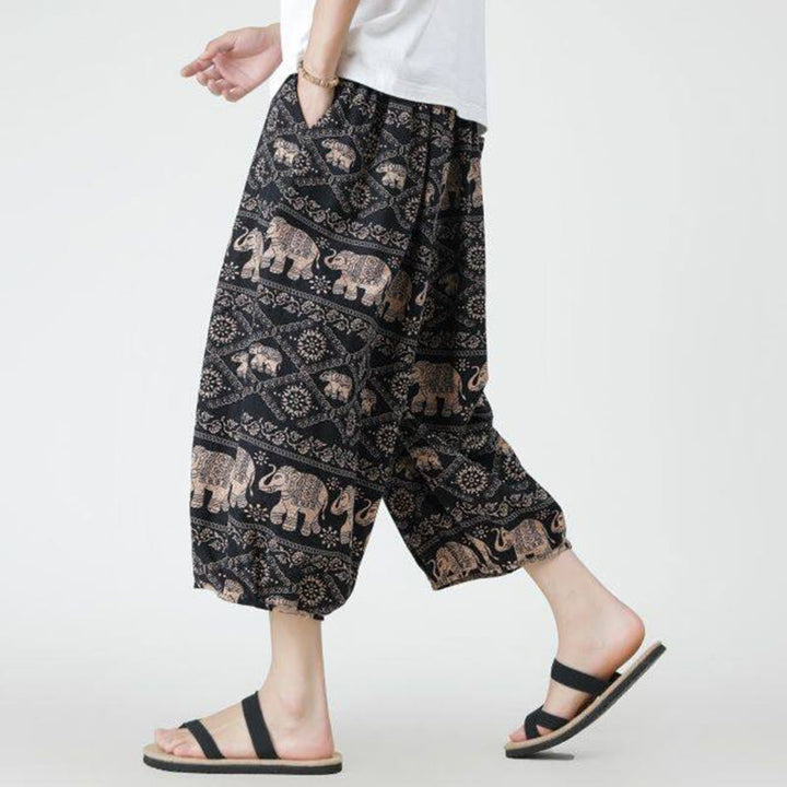 Buddha Stones Letni Kwadrat Patchwork Słoń Mandala Geometria Bawełna Len Męskie Spodnie Długość 7-8 Z Kieszeniami - image 23