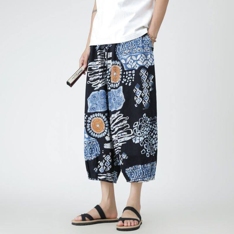 Buddha Stones Letni Kwadrat Patchwork Słoń Mandala Geometria Bawełna Len Męskie Spodnie Długość 7-8 Z Kieszeniami - image 36