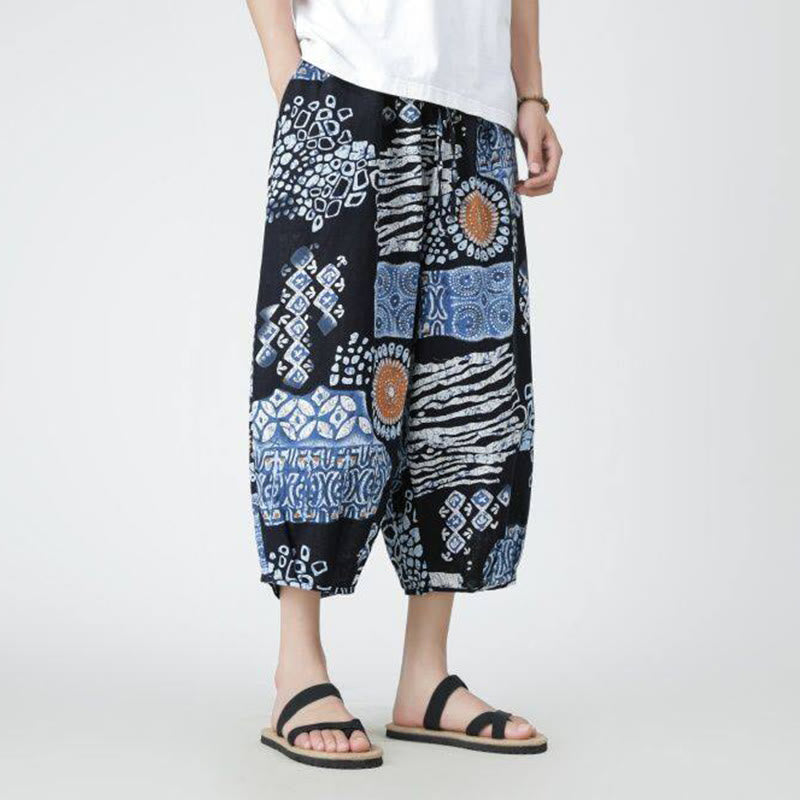 Buddha Stones Letni Kwadrat Patchwork Słoń Mandala Geometria Bawełna Len Męskie Spodnie Długość 7-8 Z Kieszeniami - image 34