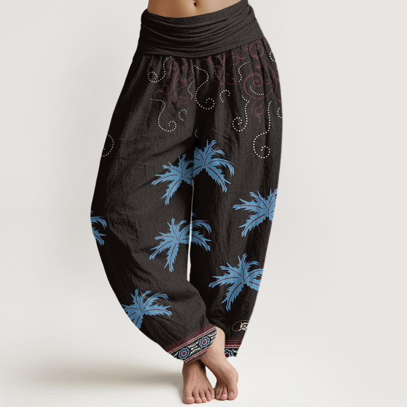 Buddha Stones Casual Floral Scroll Tropical Palm Pattern Damskie spodnie haremowe z elastyczną talią - Czarny - US22, UK/AU26, EU54 (6XL) - image 1