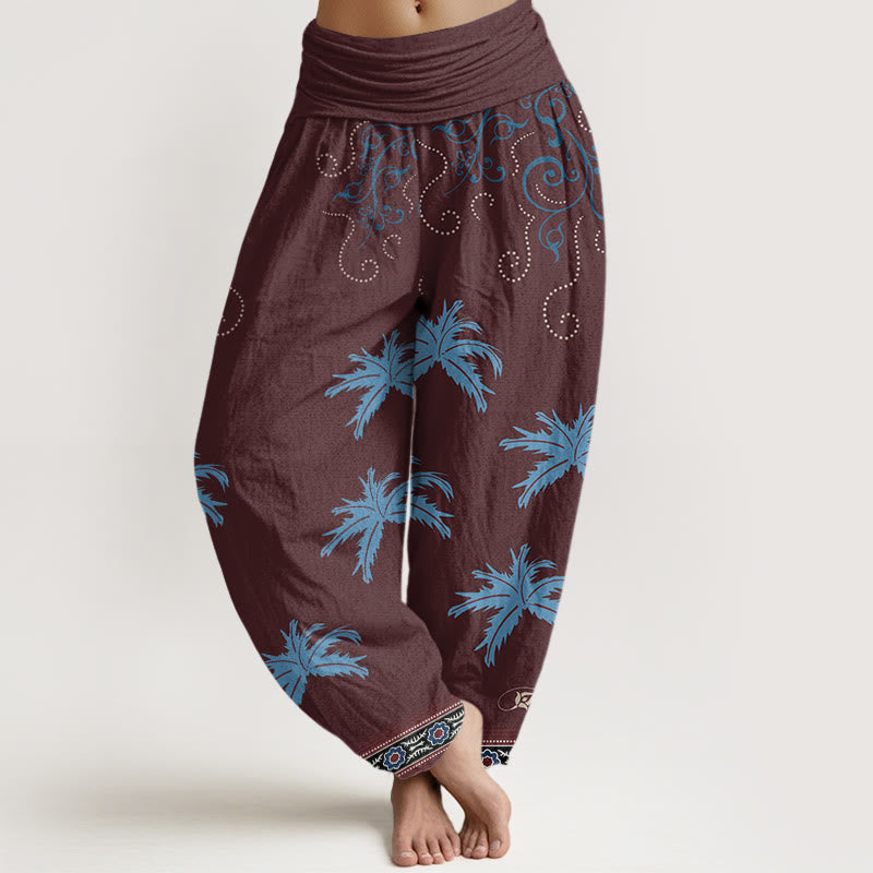 Buddha Stones Casual Floral Scroll Tropical Palm Pattern Damskie spodnie haremowe z elastyczną talią - Ciemnoczerwony - US22, UK/AU26, EU54 (6XL) - image 5
