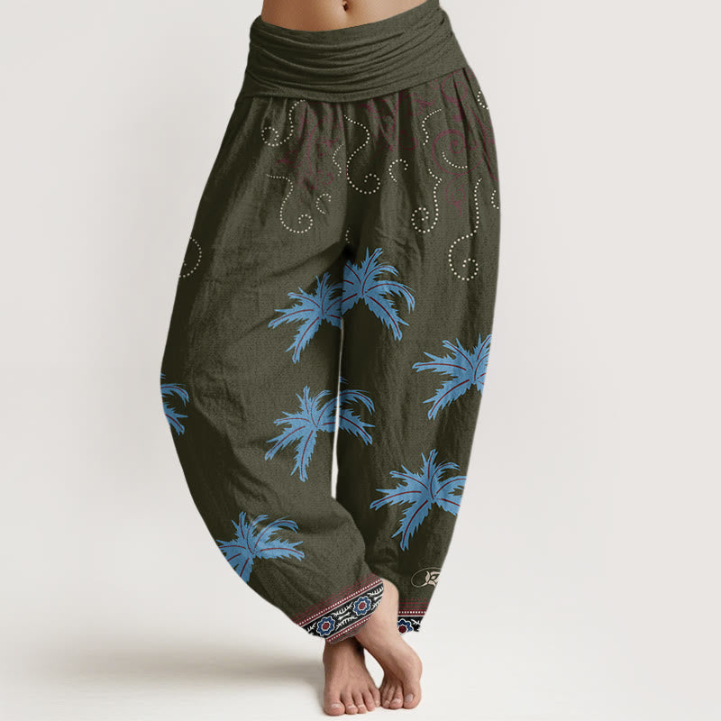 Buddha Stones Casual Floral Scroll Tropical Palm Pattern Damskie spodnie haremowe z elastyczną talią - DarkOliveGreen - US22, UK/AU26, EU54 (6XL) - image 8