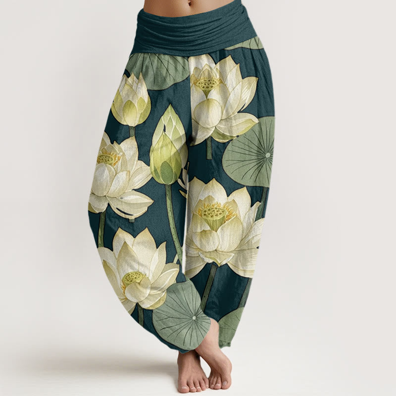 Buddha Stones Casual Lotus Flowers Pod Pattern Damskie spodnie haremowe z elastyczną talią - Ciemnozielony - US22, UK/AU26, EU54 (6XL) - image 1