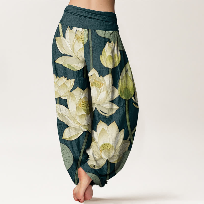 Buddha Stones Casual Lotus Flowers Pod Pattern Damskie spodnie haremowe z elastyczną talią - image 3
