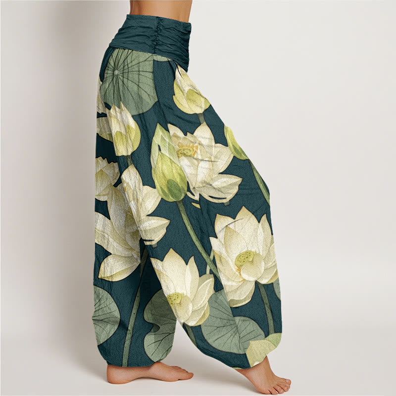 Buddha Stones Casual Lotus Flowers Pod Pattern Damskie spodnie haremowe z elastyczną talią - image 2