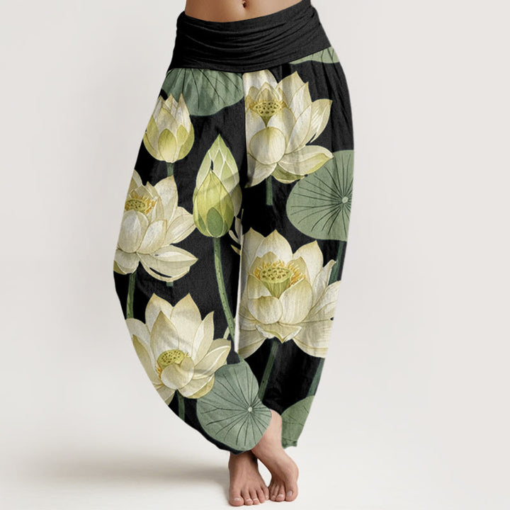Buddha Stones Casual Lotus Flowers Pod Pattern Damskie spodnie haremowe z elastyczną talią - Czarny - US22, UK/AU26, EU54 (6XL) - image 5