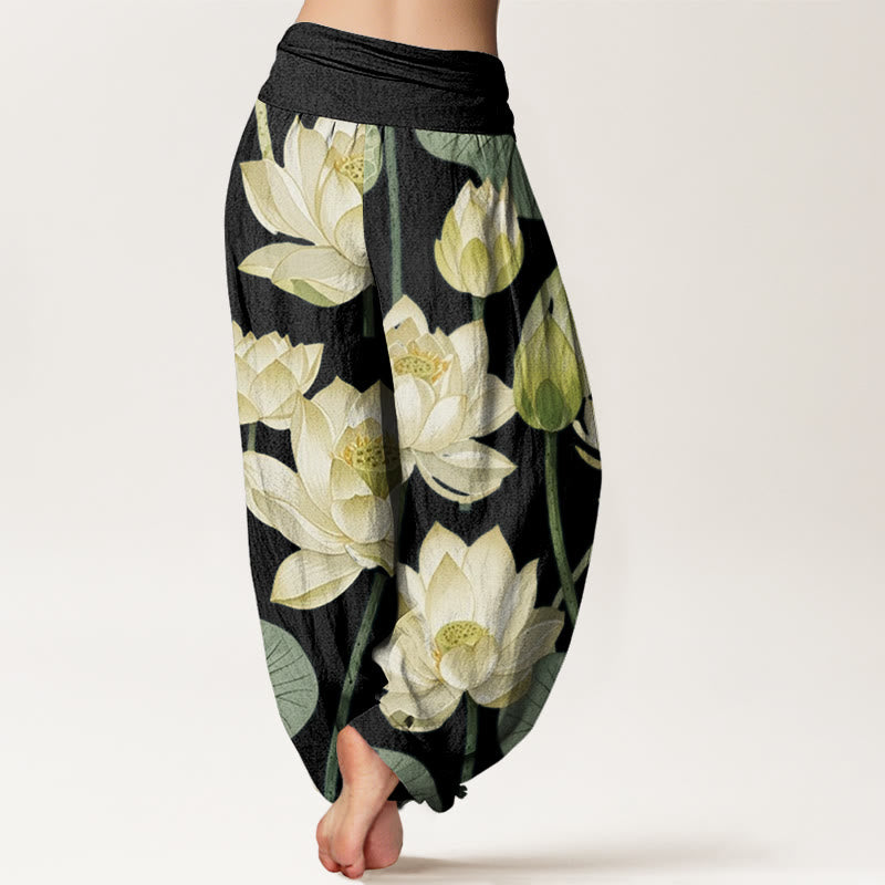 Buddha Stones Casual Lotus Flowers Pod Pattern Damskie spodnie haremowe z elastyczną talią - image 7