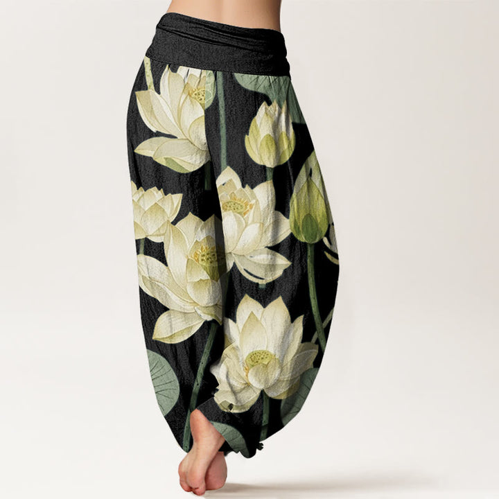 Buddha Stones Casual Lotus Flowers Pod Pattern Damskie spodnie haremowe z elastyczną talią - image 7