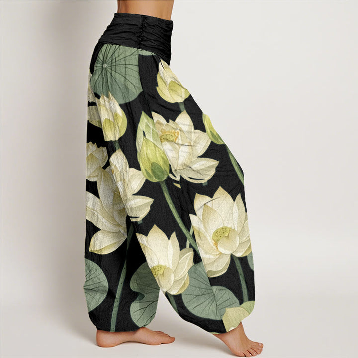 Buddha Stones Casual Lotus Flowers Pod Pattern Damskie spodnie haremowe z elastyczną talią - image 6