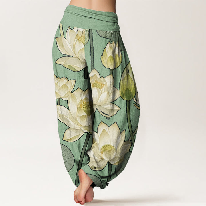 Buddha Stones Casual Lotus Flowers Pod Pattern Damskie spodnie haremowe z elastyczną talią - image 10