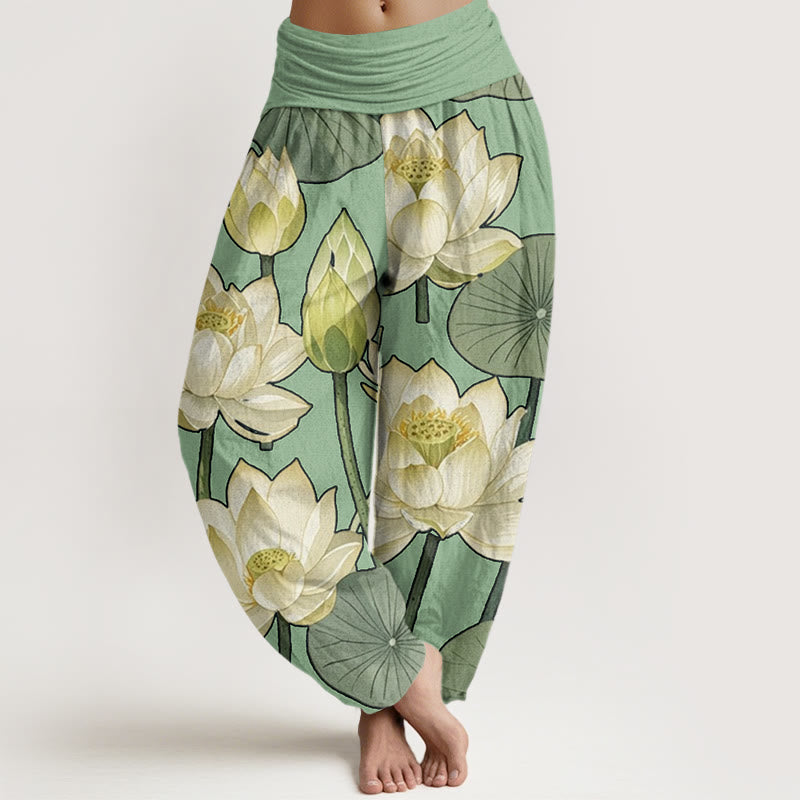Buddha Stones Casual Lotus Flowers Pod Pattern Damskie spodnie haremowe z elastyczną talią - Jasnozielony - US22, UK/AU26, EU54 (6XL) - image 8