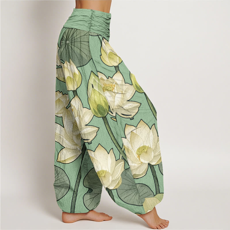 Buddha Stones Casual Lotus Flowers Pod Pattern Damskie spodnie haremowe z elastyczną talią - image 9