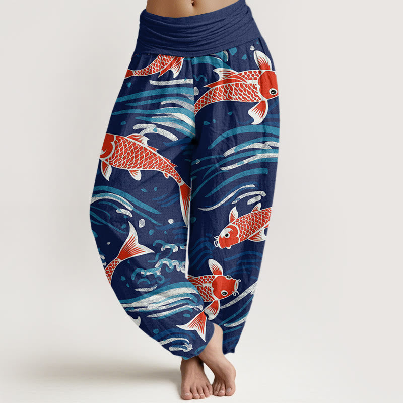 Buddha Stones Spodnie haremowe damskie z elastycznym pasem i wzorem Koi w stylu casual wave - Marynarka wojenna - US22, UK/AU26, EU54 (6XL) - image 1