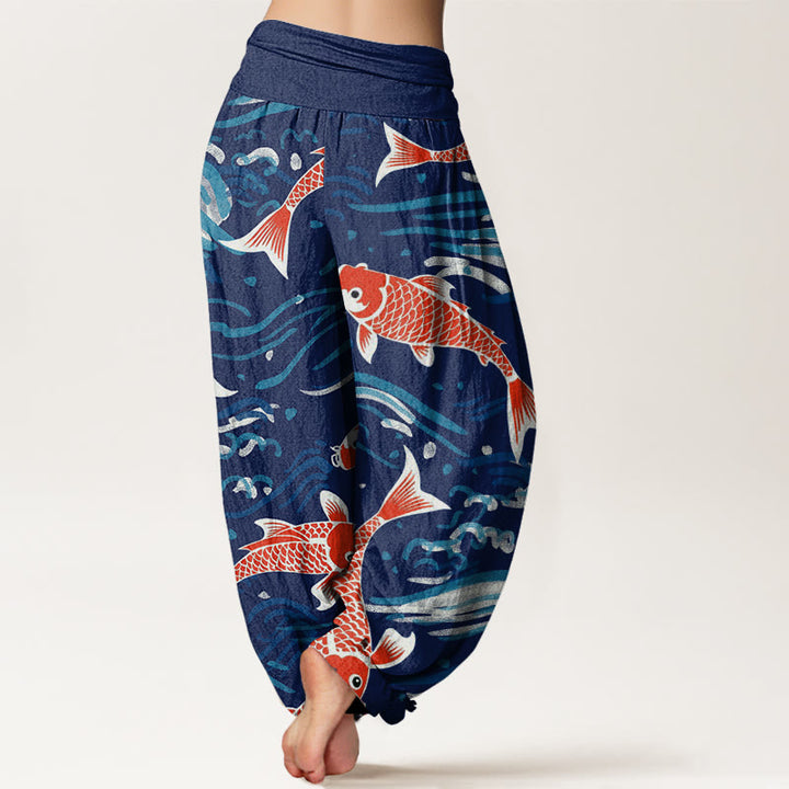 Buddha Stones Spodnie haremowe damskie z elastycznym pasem i wzorem Koi w stylu casual wave - image 3