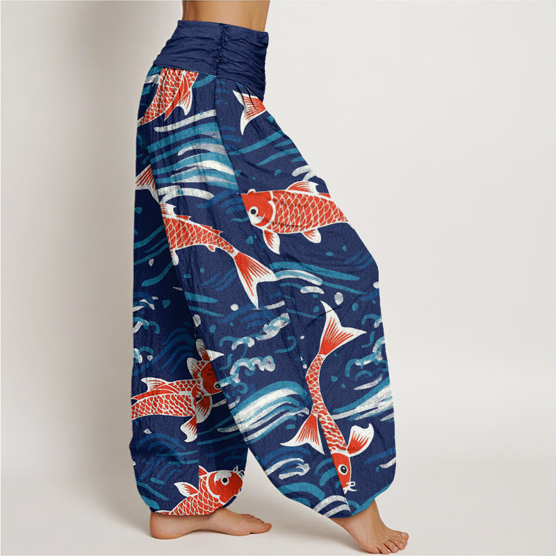 Buddha Stones Spodnie haremowe damskie z elastycznym pasem i wzorem Koi w stylu casual wave - image 2