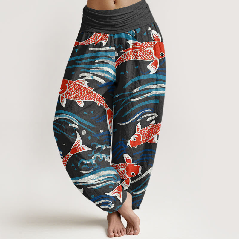 Buddha Stones Spodnie haremowe damskie z elastycznym pasem i wzorem Koi w stylu casual wave - Czarny - US22, UK/AU26, EU54 (6XL) - image 5