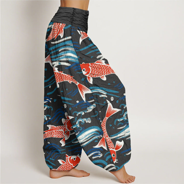 Buddha Stones Spodnie haremowe damskie z elastycznym pasem i wzorem Koi w stylu casual wave - image 6