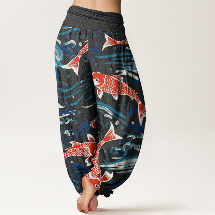 Buddha Stones Spodnie haremowe damskie z elastycznym pasem i wzorem Koi w stylu casual wave - image 7