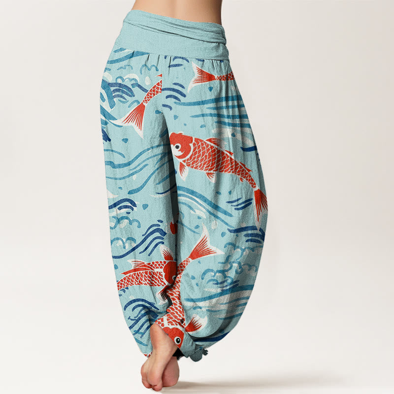 Buddha Stones Spodnie haremowe damskie z elastycznym pasem i wzorem Koi w stylu casual wave - image 10