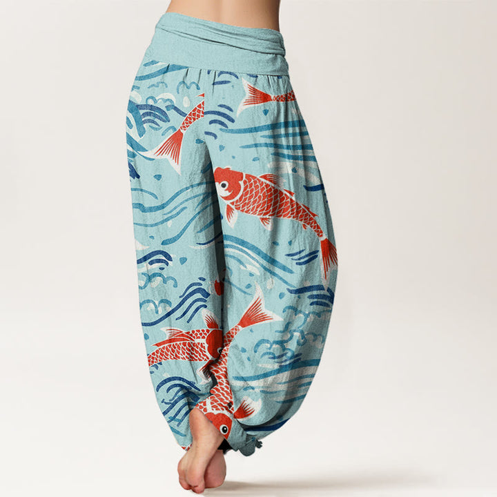 Buddha Stones Spodnie haremowe damskie z elastycznym pasem i wzorem Koi w stylu casual wave - image 10