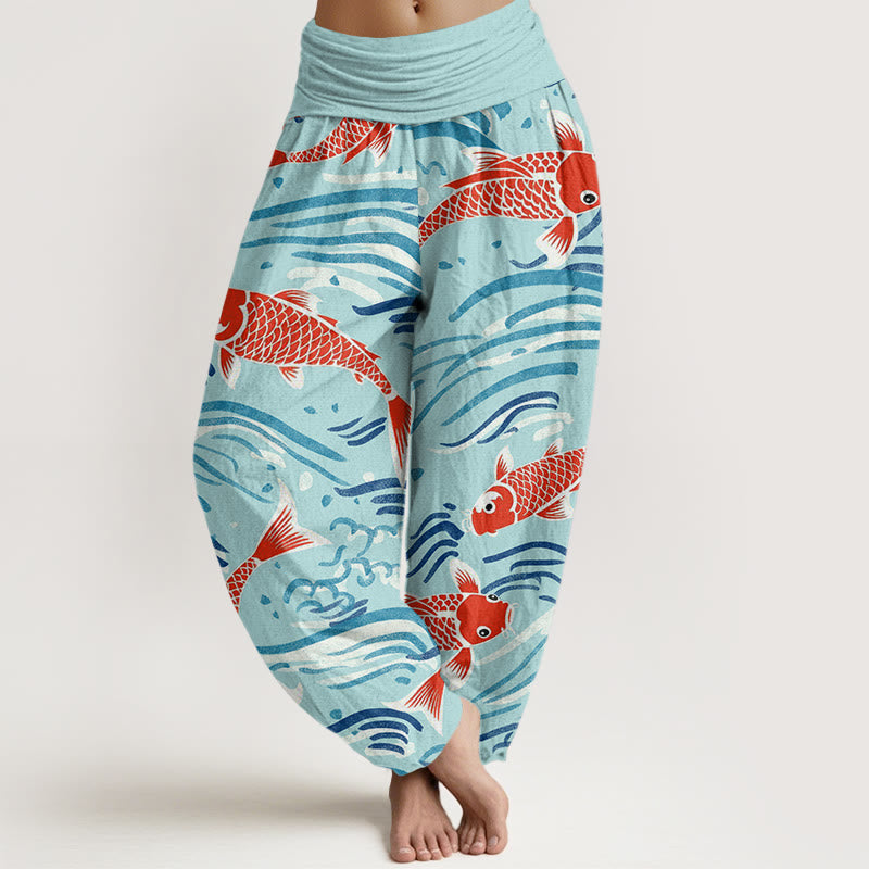 Buddha Stones Spodnie haremowe damskie z elastycznym pasem i wzorem Koi w stylu casual wave - Turkus - US22, UK/AU26, EU54 (6XL) - image 8