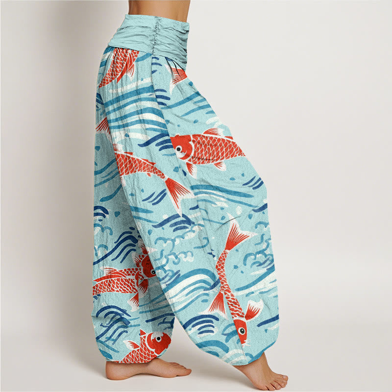 Buddha Stones Spodnie haremowe damskie z elastycznym pasem i wzorem Koi w stylu casual wave - image 9