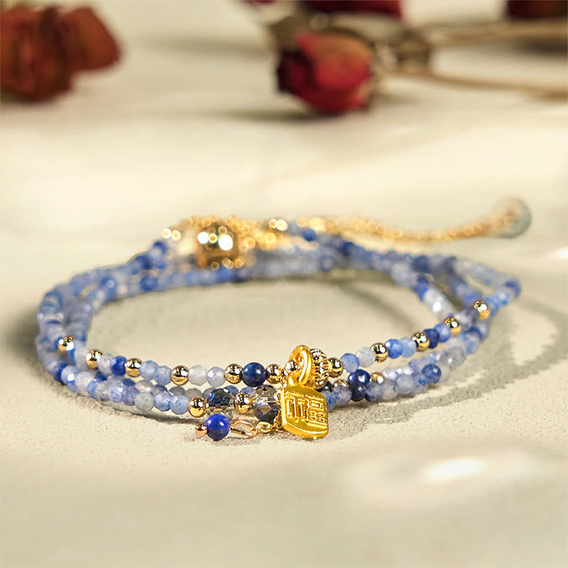 Bransoletka z Buddha Stones o średnicy 3 mm, ultracienkie koraliki, naturalny lazuryt i lapis lazuli, potrójnie owinięte, Fu Character Positive - image 1