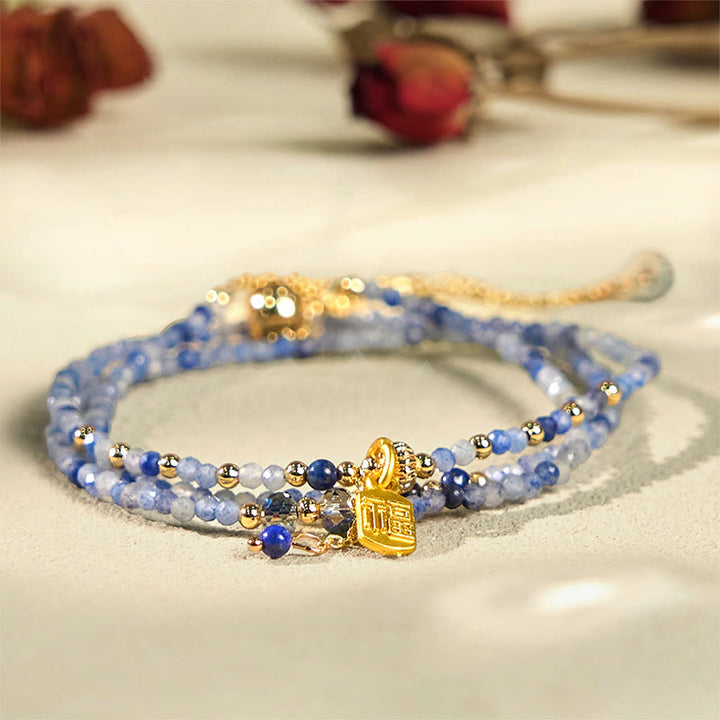 Bransoletka z Buddha Stones o średnicy 3 mm, ultracienkie koraliki, naturalny lazuryt i lapis lazuli, potrójnie owinięte, Fu Character Positive - image 1