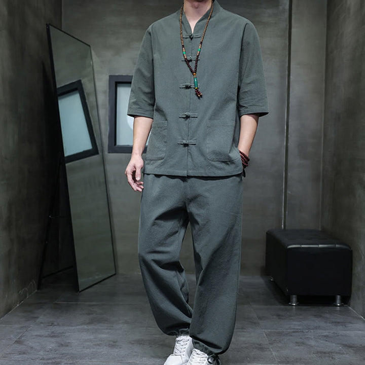 Buddha Stones 2-częściowy strój Tang z żabą i guzikami, koszula, spodnie, kieszenie, męski, bawełniany, lniany zestaw do medytacji - CadetBlue - US/UK/AU46， EU56 (5XL) - image 0