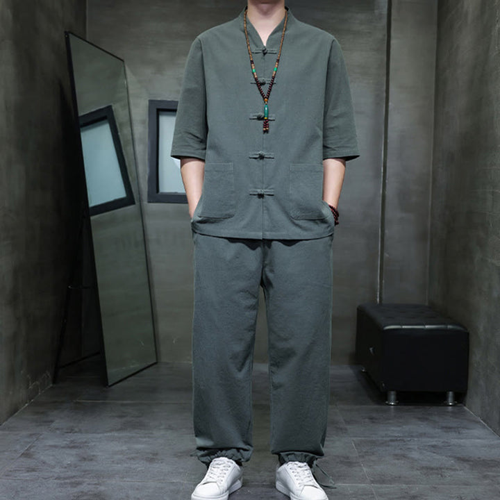 Buddha Stones 2-częściowy strój Tang z żabą i guzikami, koszula, spodnie, kieszenie, męski, bawełniany, lniany zestaw do medytacji - image 5