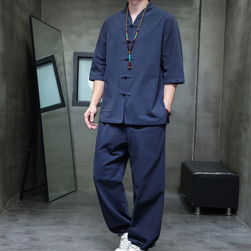 Buddha Stones 2-częściowy strój Tang z żabą i guzikami, koszula, spodnie, kieszenie, męski, bawełniany, lniany zestaw do medytacji - Stalowoniebieski - US/UK/AU46， EU56 (5XL) - image 13