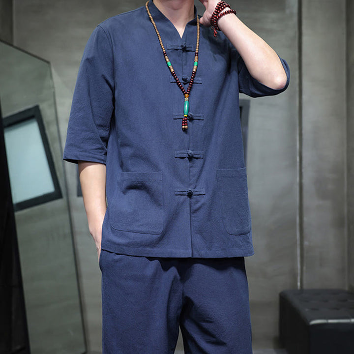 Buddha Stones 2-częściowy strój Tang z żabą i guzikami, koszula, spodnie, kieszenie, męski, bawełniany, lniany zestaw do medytacji - image 20