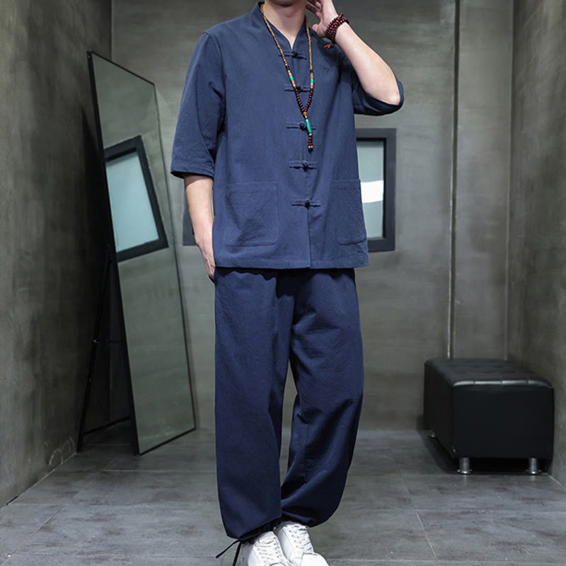 Buddha Stones 2-częściowy strój Tang z żabą i guzikami, koszula, spodnie, kieszenie, męski, bawełniany, lniany zestaw do medytacji - image 19