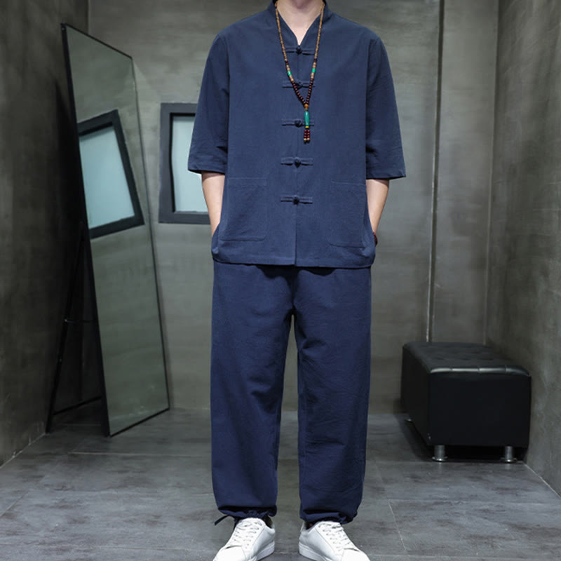 Buddha Stones 2-częściowy strój Tang z żabą i guzikami, koszula, spodnie, kieszenie, męski, bawełniany, lniany zestaw do medytacji - image 14