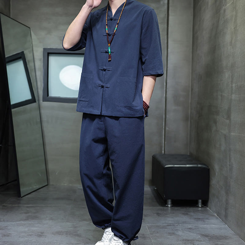 Buddha Stones 2-częściowy strój Tang z żabą i guzikami, koszula, spodnie, kieszenie, męski, bawełniany, lniany zestaw do medytacji - image 17