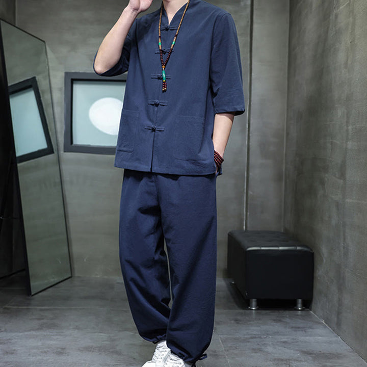 Buddha Stones 2-częściowy strój Tang z żabą i guzikami, koszula, spodnie, kieszenie, męski, bawełniany, lniany zestaw do medytacji - image 17