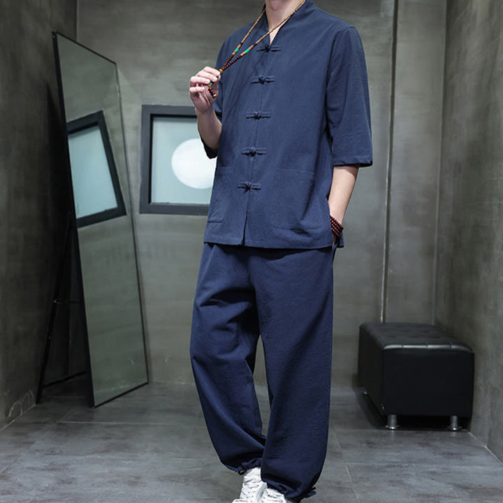 Buddha Stones 2-częściowy strój Tang z żabą i guzikami, koszula, spodnie, kieszenie, męski, bawełniany, lniany zestaw do medytacji - image 18