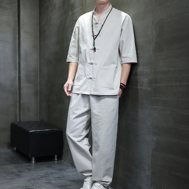 Buddha Stones 2-częściowy strój Tang z żabą i guzikami, koszula, spodnie, kieszenie, męski, bawełniany, lniany zestaw do medytacji - Śnieg - US/UK/AU46， EU56 (5XL) - image 21