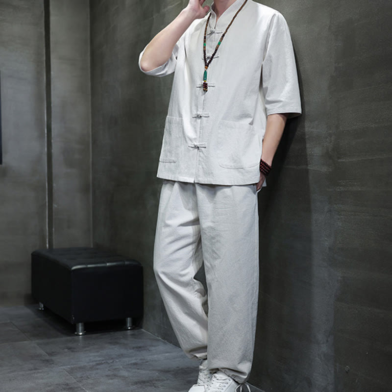 Buddha Stones 2-częściowy strój Tang z żabą i guzikami, koszula, spodnie, kieszenie, męski, bawełniany, lniany zestaw do medytacji - image 25