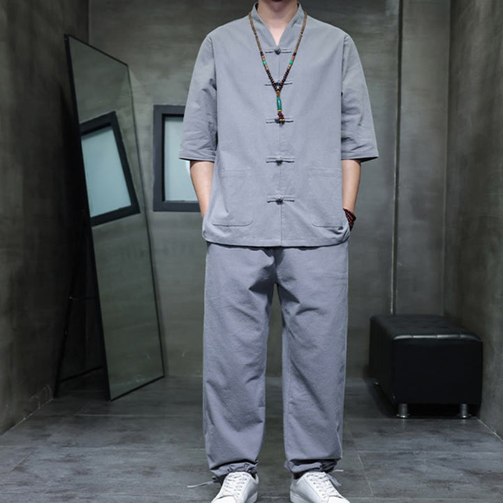 Buddha Stones 2-częściowy strój Tang z żabą i guzikami, koszula, spodnie, kieszenie, męski, bawełniany, lniany zestaw do medytacji - image 30